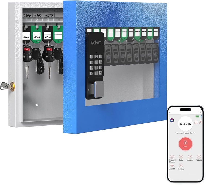 WeHere 24 Key Lock Box Wall Mount, Securty Key Cabinet with Key Tags, Key Organizer Box for Business, Home, Office, Hote, Garage, APP Bluetooth/OTP/Fixed Code/Key/Wi-Fi Unlock, Tempered Glass Door - Image 1